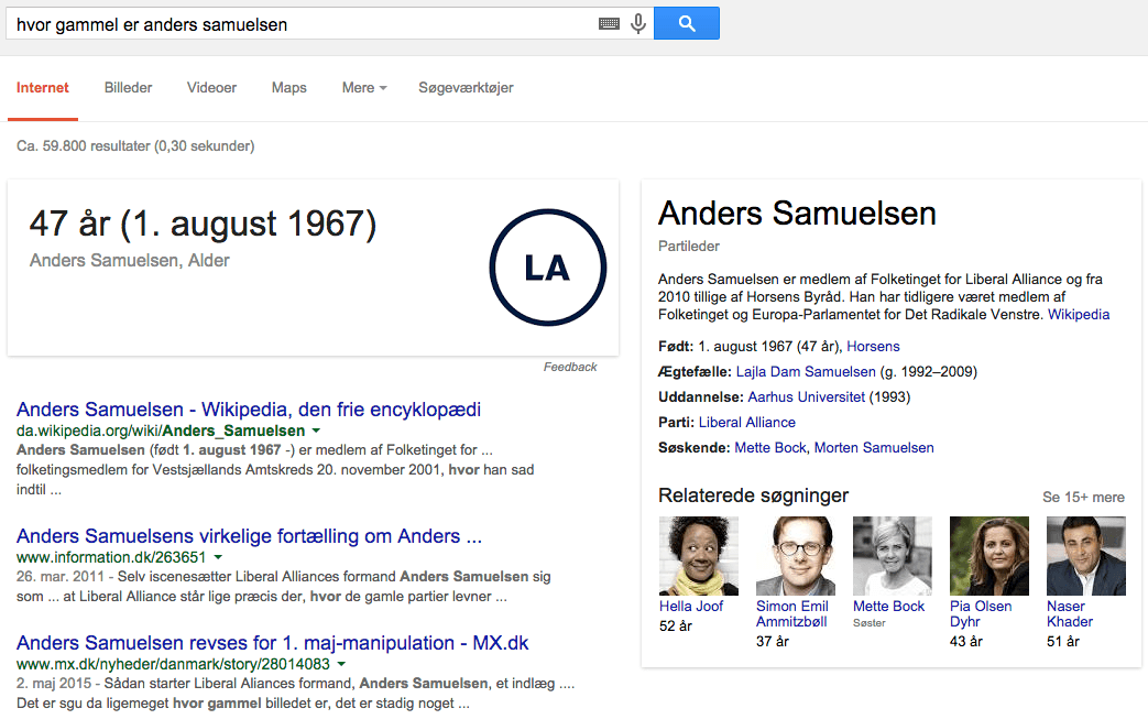 Semantisk søgning på Anders Samuelsen i Google