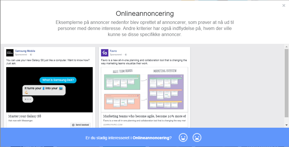 Eksempel på annoncer målrettet interessen 'onlineannoncering'