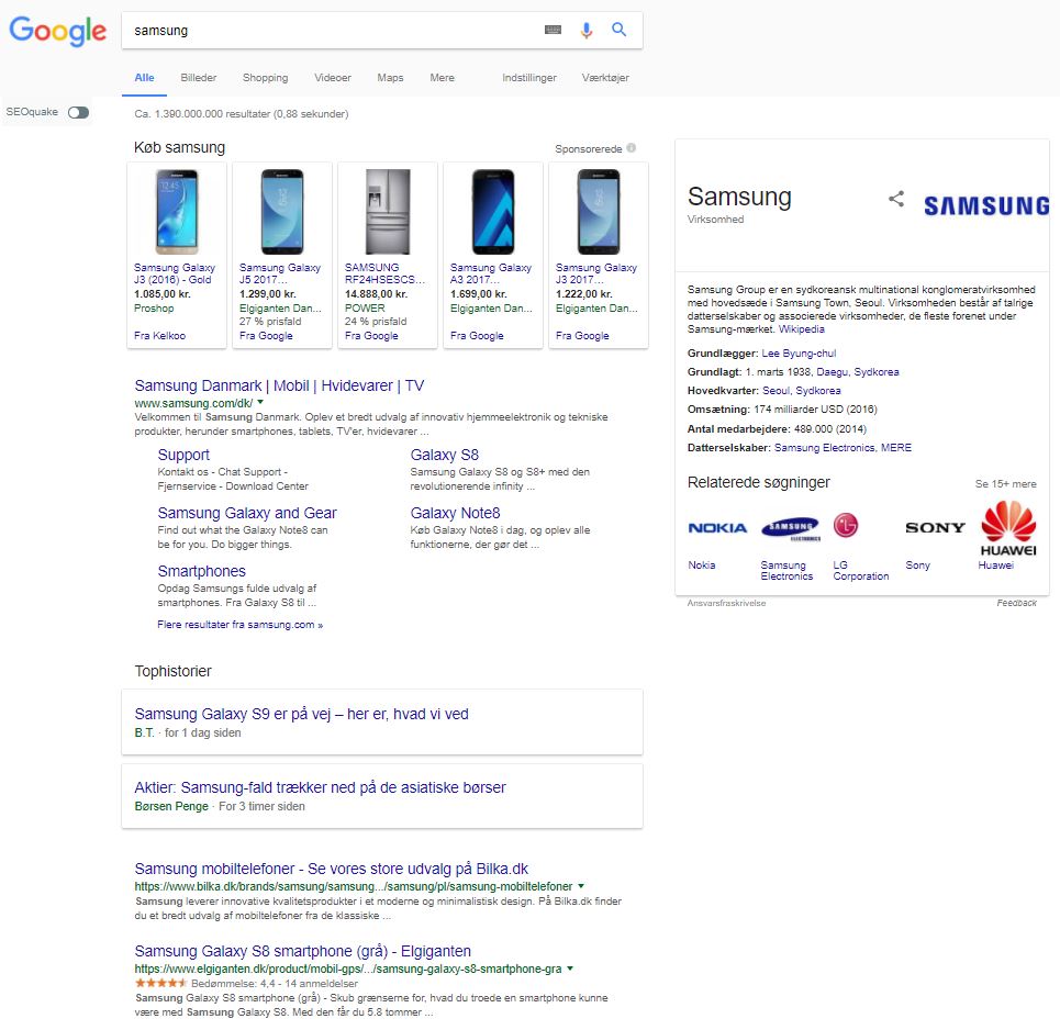 Googlesøgning efter Samsung