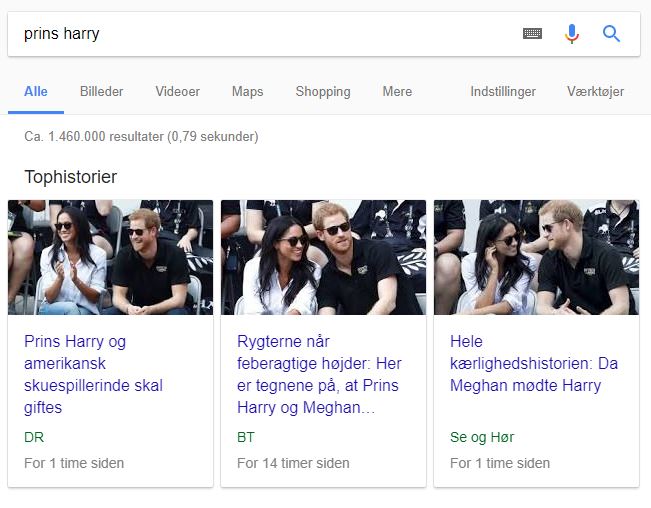 Eksempel på Googles Tophistorier