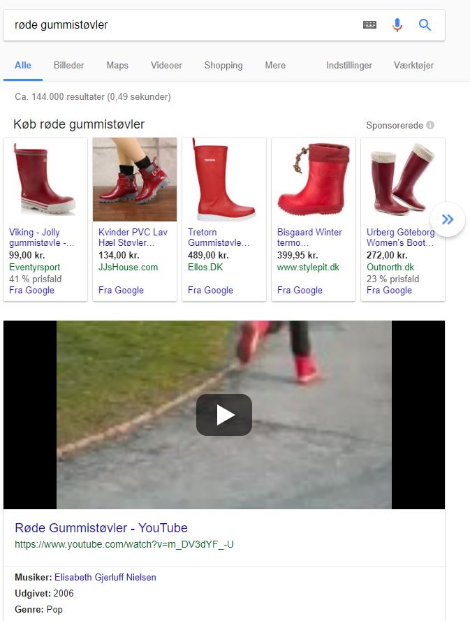 Eksempel på YouTube-videoer i Googles søgeresultater